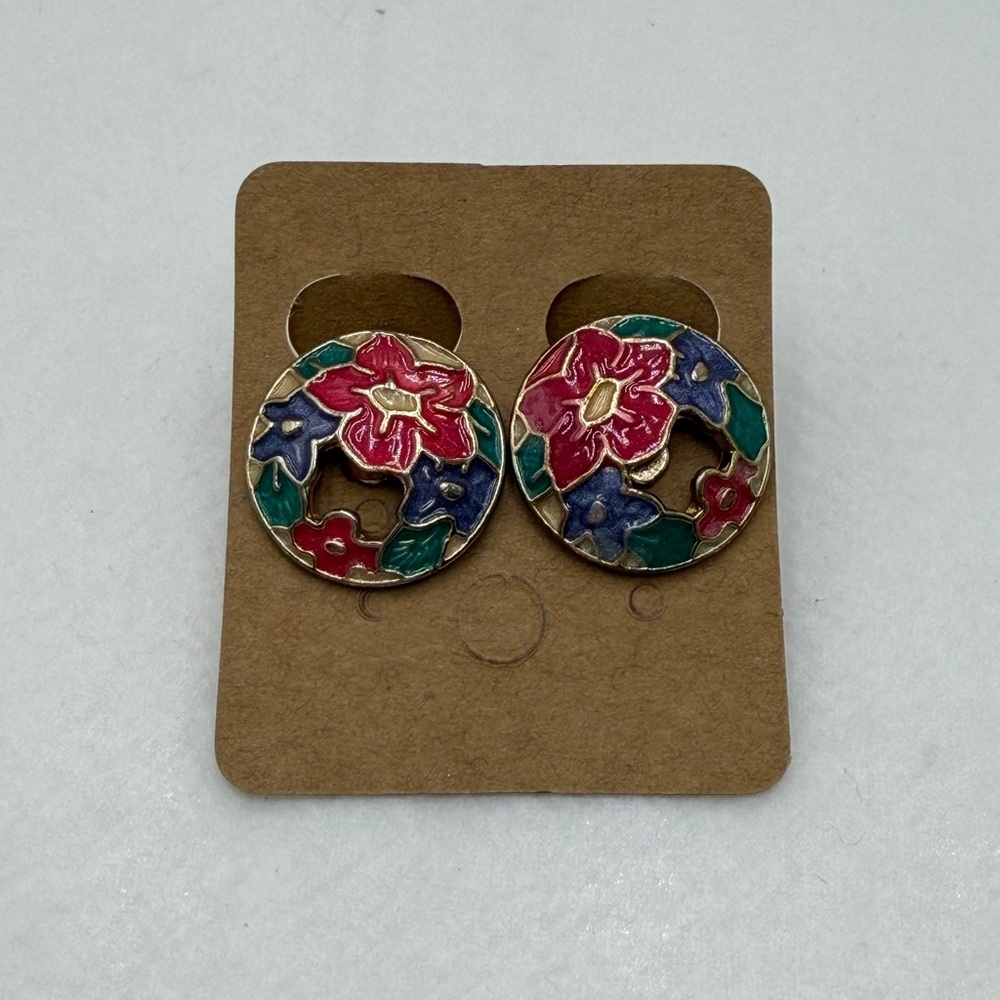 Vintage Cloisonné Colorful clip earrings #329CE
